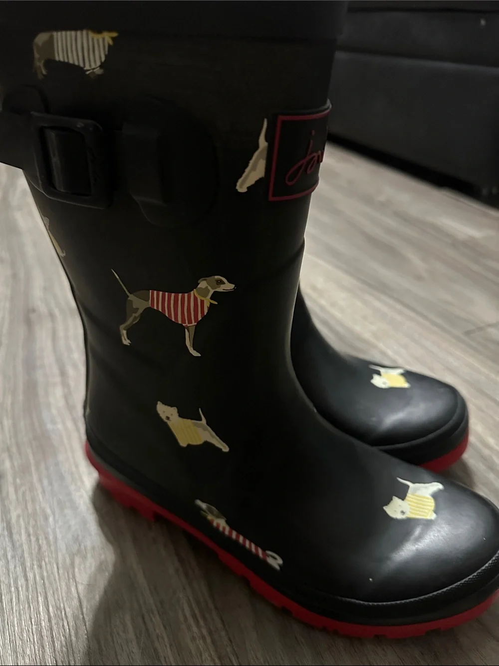 Joules Navy Kids Rain Boots with Red Sole and Dog Motif